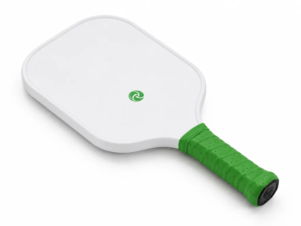 Composite pickleball paddle built from a molded foam core with a bonded polymer face and grip